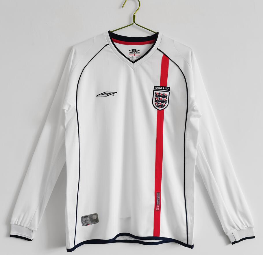 2002 England Retro Long Sleeve Home Kit Soccer Jersey